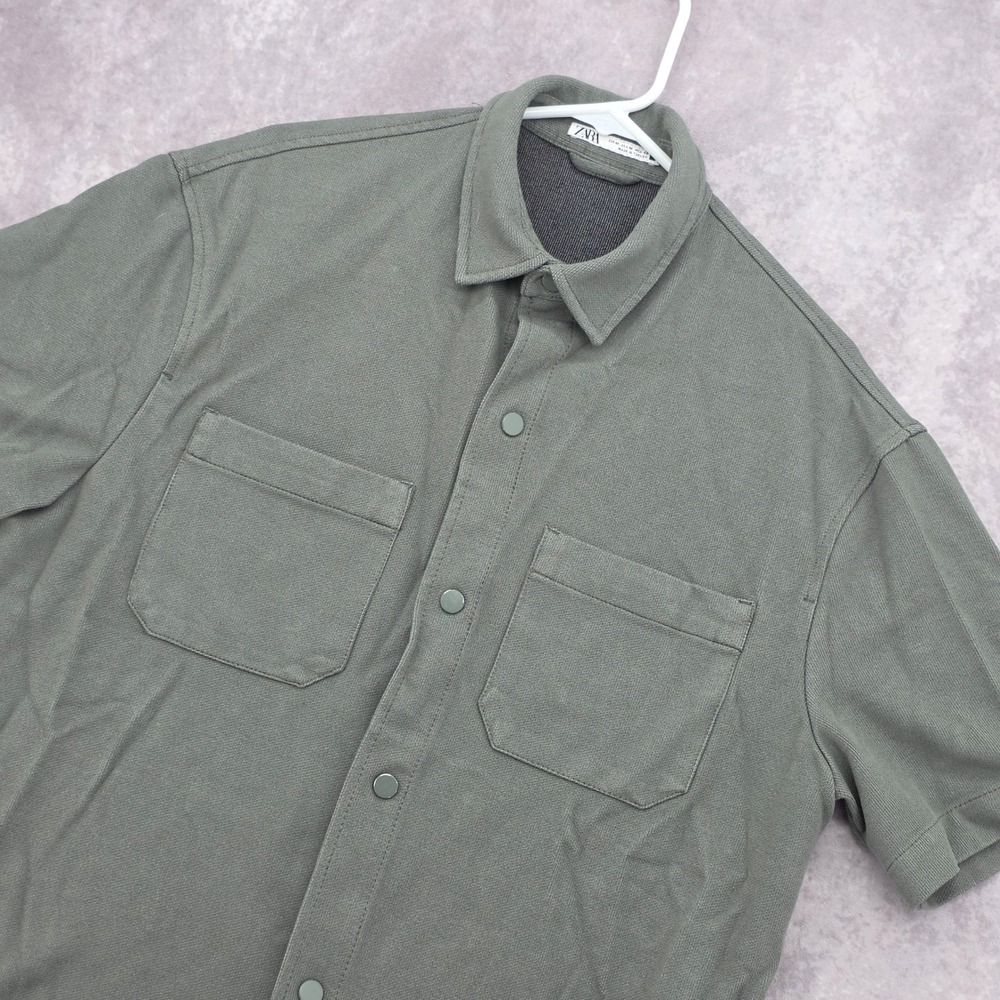 Zara Mens Medium Short Sleeve Textured Knit Snap Front Shirt Olive Green